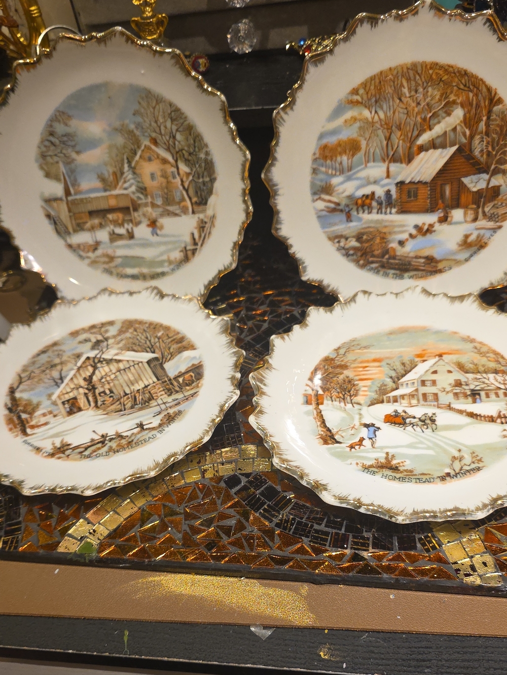 Vintage Porcelain Dinner Plates with White and Gold Winter Scenes